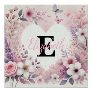 Poster Monogramme nom cœurs floraux aquarelle romantique