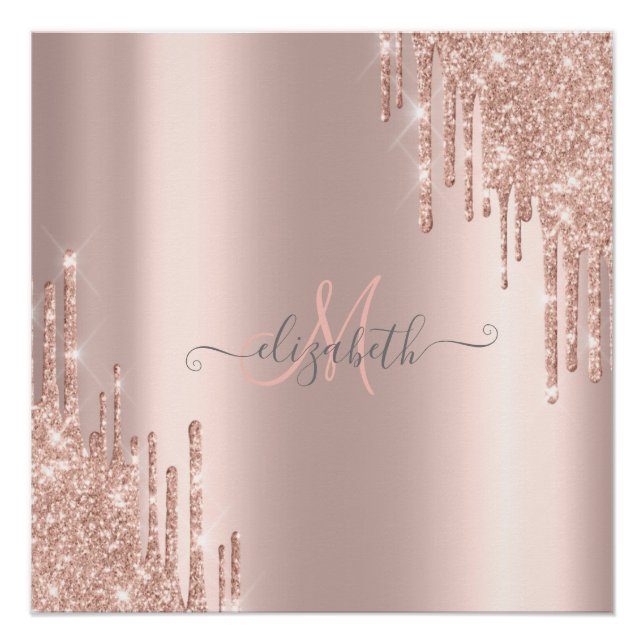 Poster Monogramme Or Rose avec Gouttes de Paillettes Mode (Devant)