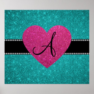 Poster Monogramme parties scintillant turquoise coeur ros