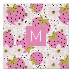 Poster Monogramme personnalisé de fraises roses