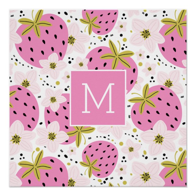Poster Monogramme personnalisé de fraises roses (Devant)