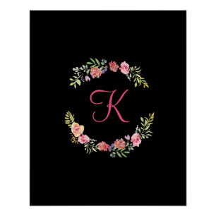Poster Monogramme Rose, Jaune et Vert Floral Aquarelle