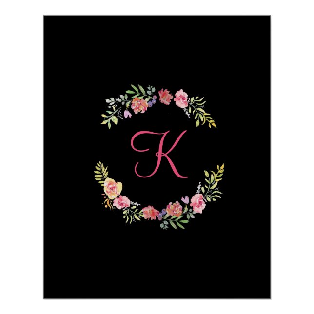 Poster Monogramme Rose, Jaune et Vert Floral Aquarelle (Devant)