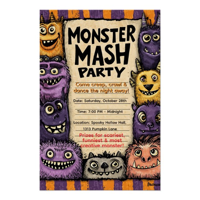 Poster "Monster Mash Party" avec de mignons monstres (Devant)