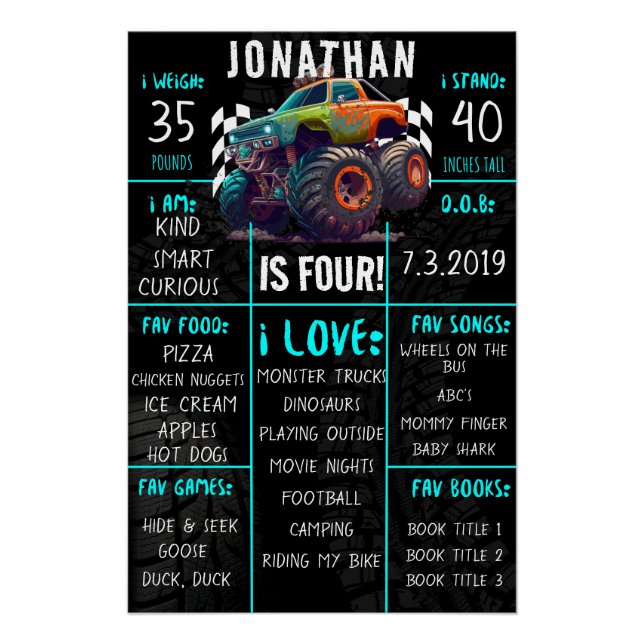 Poster Monster Truck Anniversaire de fête Jalon (Devant)