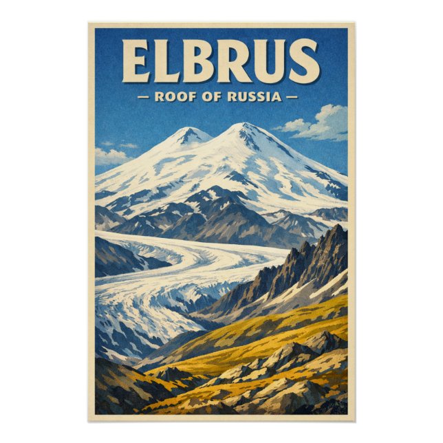 Poster Mont Elbrus, Russie, dans un style rétro classique (Devant)