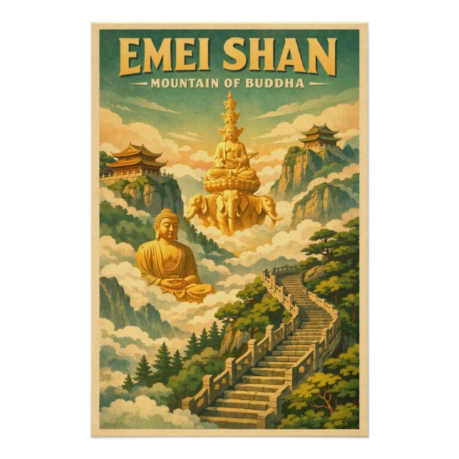 Poster Mont Emei (Emei Shan), Chine, dans un style rétro  (Devant)