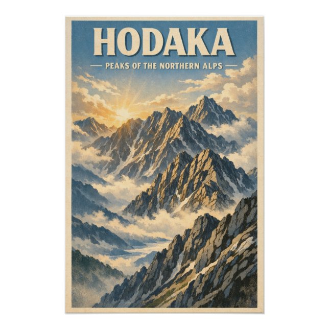 Poster Mont Hotaka, Japon, dans un style rétro classique (Devant)
