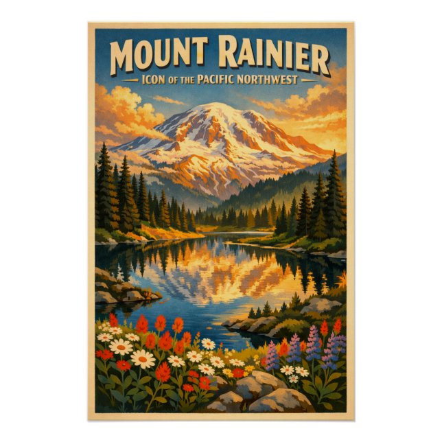 Poster Mont Rainier, Washington, États-Unis, dans un styl (Devant)