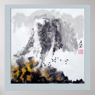 Poster Montagne, bois et fleurs - art chinois