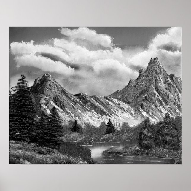 Poster Montagne Rocky Panoramique En Noir & Blanc (Devant)