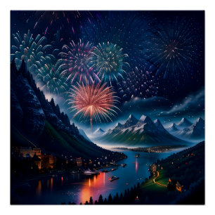 Poster Montagne Twilight avec feux d'artifice