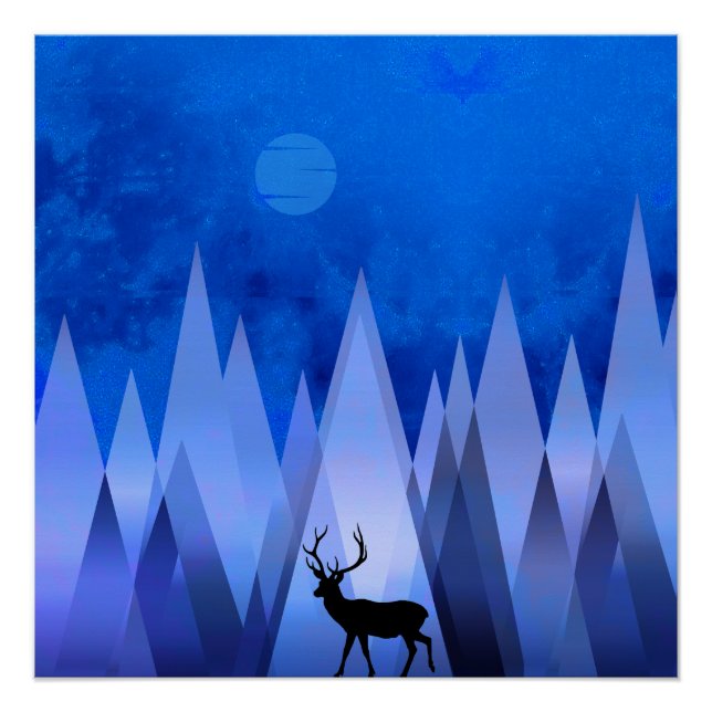 POSTER MONTAGNES GÉOMÉTRIQUES BLEUES CERF (Devant)