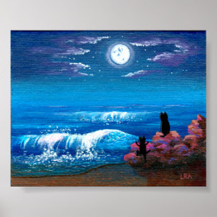 Poster Moon Ocean Black Cat Art Créationarts