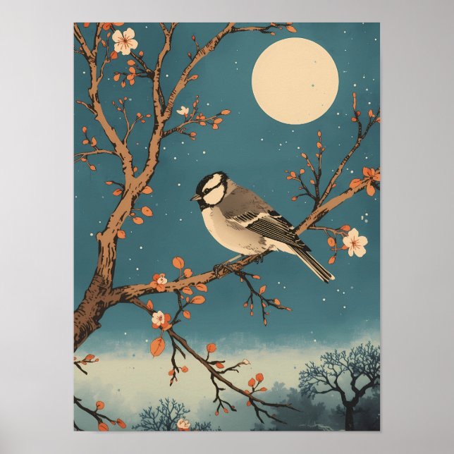 Poster - Moonlit Bird on Blossom Branch (Devant)
