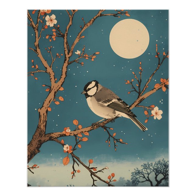 Poster - Moonlit Bird on Blossom Branch (Devant)