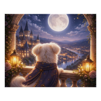 Poster Moonlit Dream – Dog Watching a Magical City