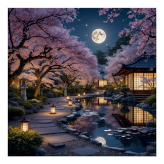 Poster Moonlit Garden: Cherry Blossom Dreams