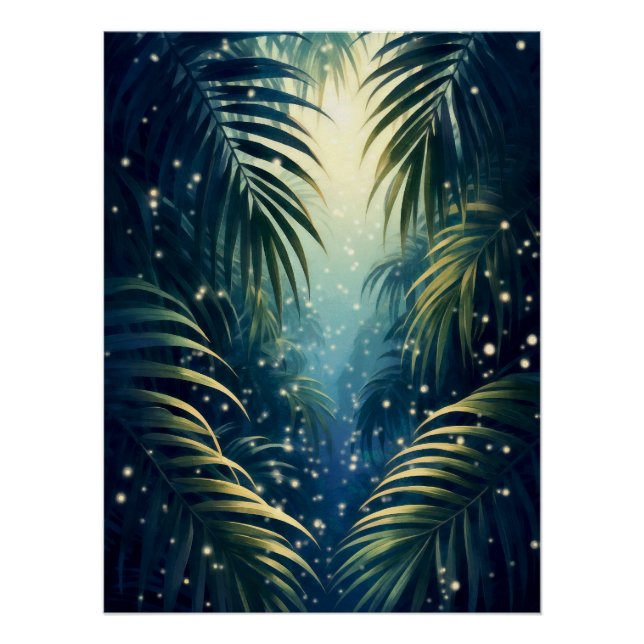 Poster Moonlit palm leaves with fireflies, watercolor (Devant)