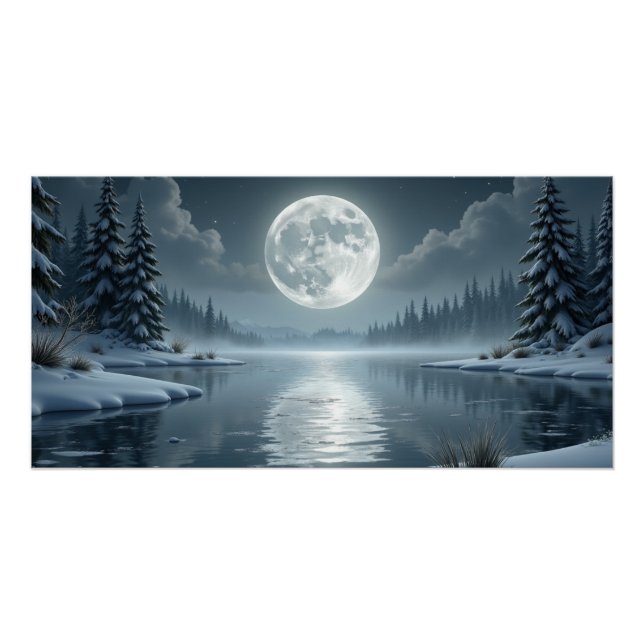 Poster Moonlit Winter Lake – Serene Night Landscape Art (Devant)