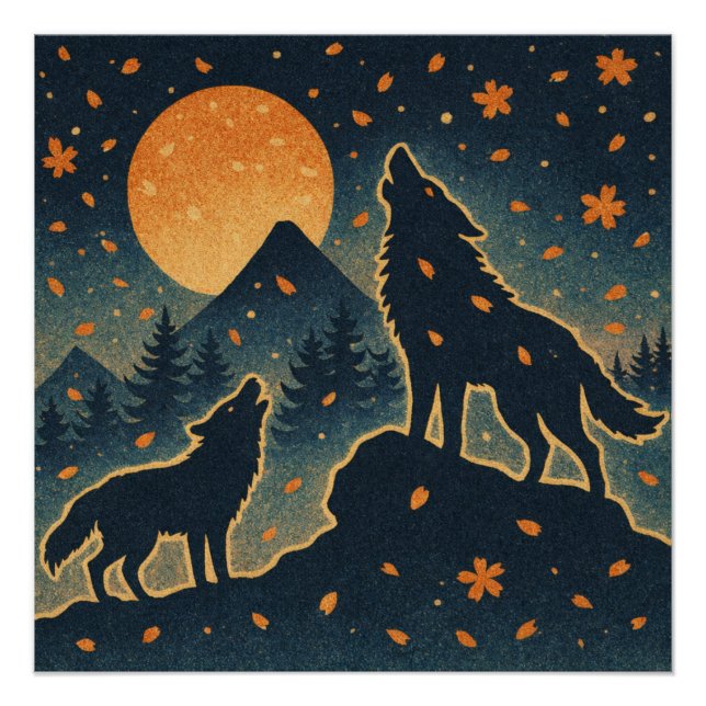 Poster Moonlit Wolves & Mount Fuji – Japanese Night Art  (Devant)