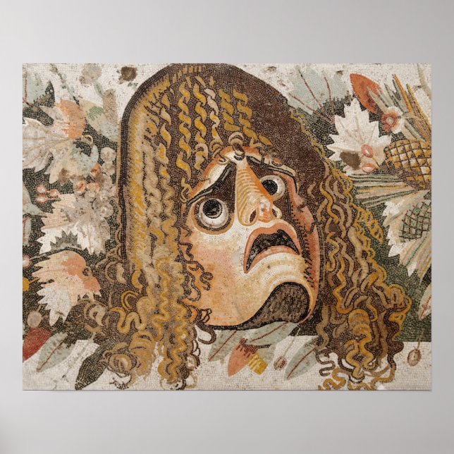 Poster Mosaïque romaine, avec masque, feuilles et fruits (Devant)