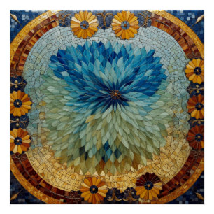 Poster Mosaïque verte bleue florale