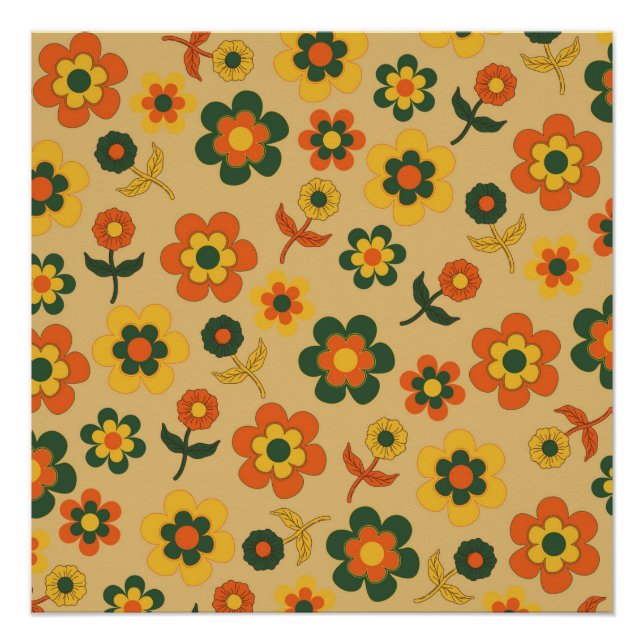 Poster Motif à fleurs Vintage orange rétro (Devant)