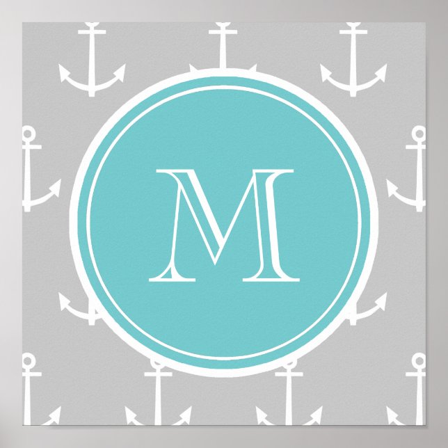 Poster Motif d'Ancres blanches grises, Monogramme Turquoi (Devant)