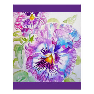 Poster Motif d'aquarelle Pansy sur panneaux bleu violet
