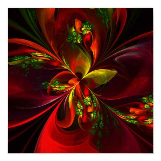 Poster Motif d'art abstrait floral rouge vert moderne #05 (Devant)