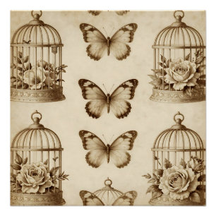 Poster Motif de cage à oiseaux papillon Rose rétro Sépia
