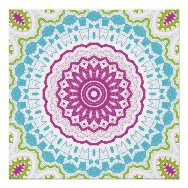 Poster Motif de mandala bleu magenta et vert (Devant)
