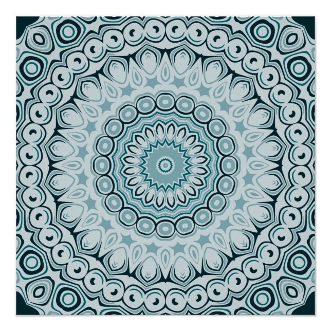 Poster Motif de mandala bleu orageux et gris (Devant)