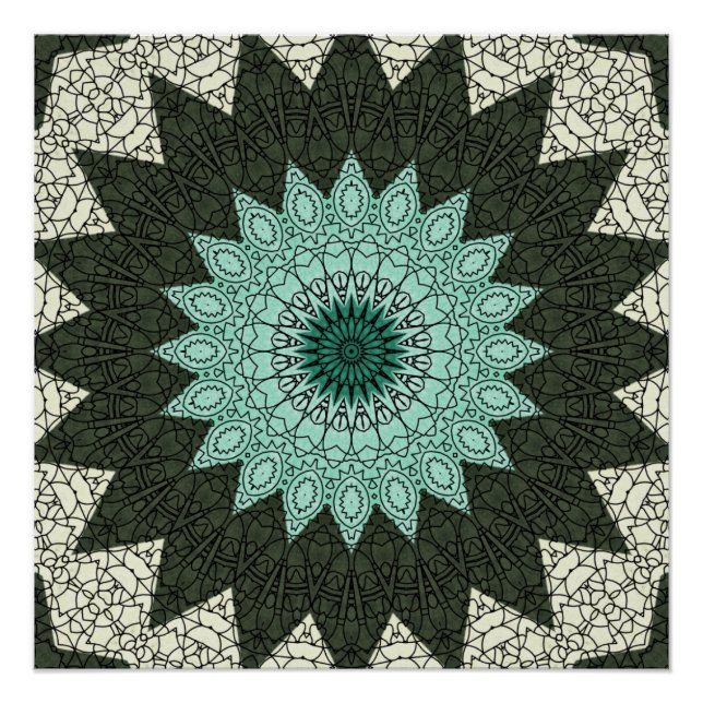 Poster Motif de mandala géométrique sarcelle et vert (Devant)