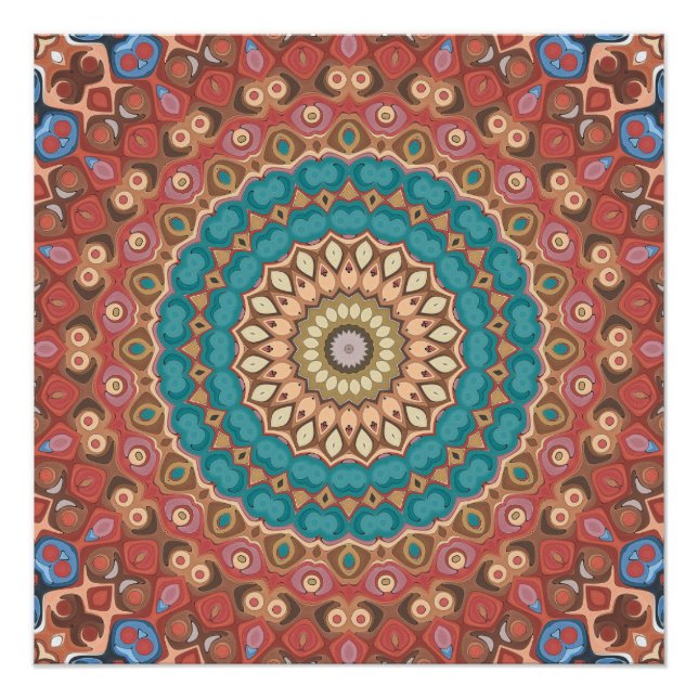 Poster Motif de mandala géométrique Turquoise et Terracot (Devant)