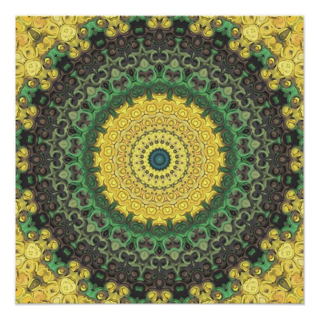 Poster Motif de mandala kaléidoscope jaune et vert (Devant)