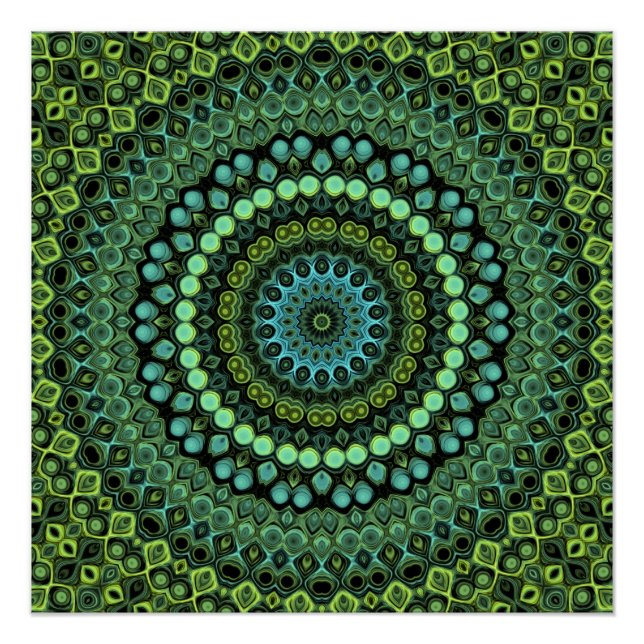 Poster Motif de mandala kaléidoscope vert et sarcelle (Devant)