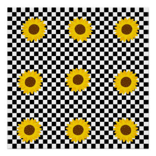 Poster Motif fleur à carreaux tournesol noir et blanc