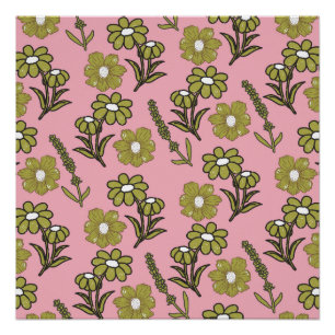 Poster Motif Fleur Hippie Funky Rétro Vert Rose Y2K
