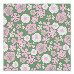 Poster Motif Fleur Rétro Vert Rose Blanc Années 70 Y2K
