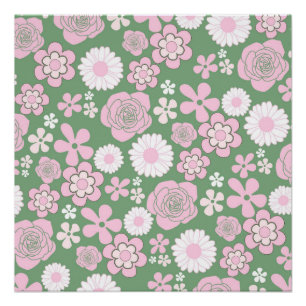 Poster Motif Fleur Rétro Vert Rose Blanc Années 70 Y2K