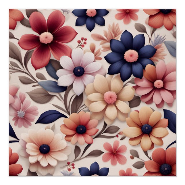 Poster Motif fleurs et feuilles gras rose (Devant)