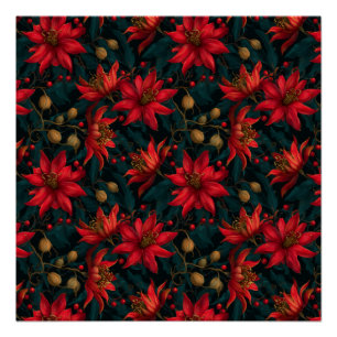 Poster Motif floral de Noël rouge foncé