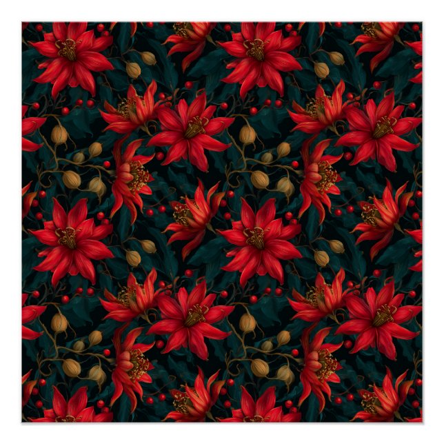 Poster Motif floral de Noël rouge foncé (Devant)