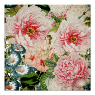Poster Motif floral de printemps de pivoine rétro