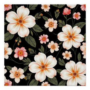 Poster Motif floral lumineux sur fond noir