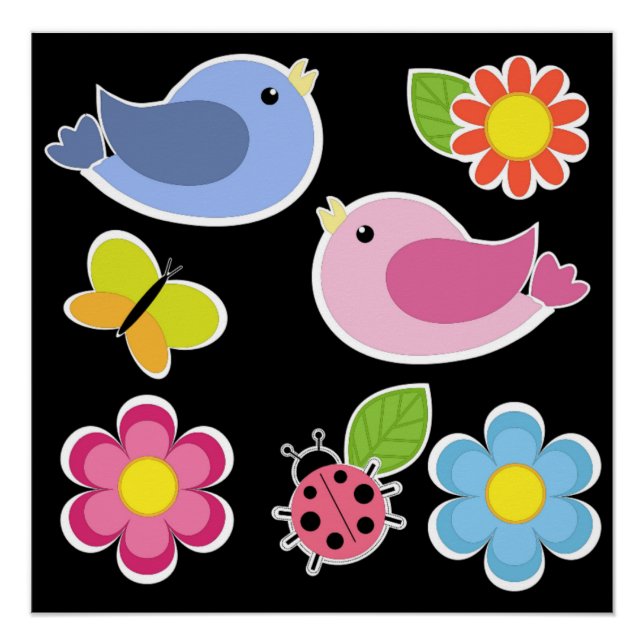 Poster Motif OISEAUX ET FLEURS (Devant)