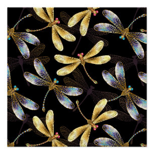 Poster Motif sans couture avec libellules d'or