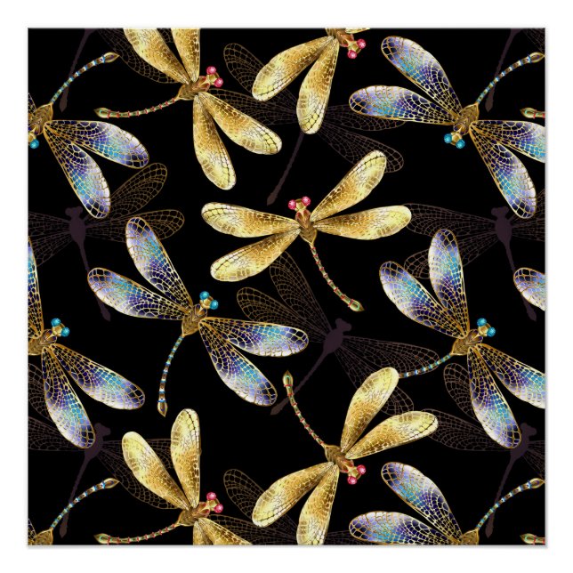 Poster Motif sans couture avec libellules d'or (Devant)
